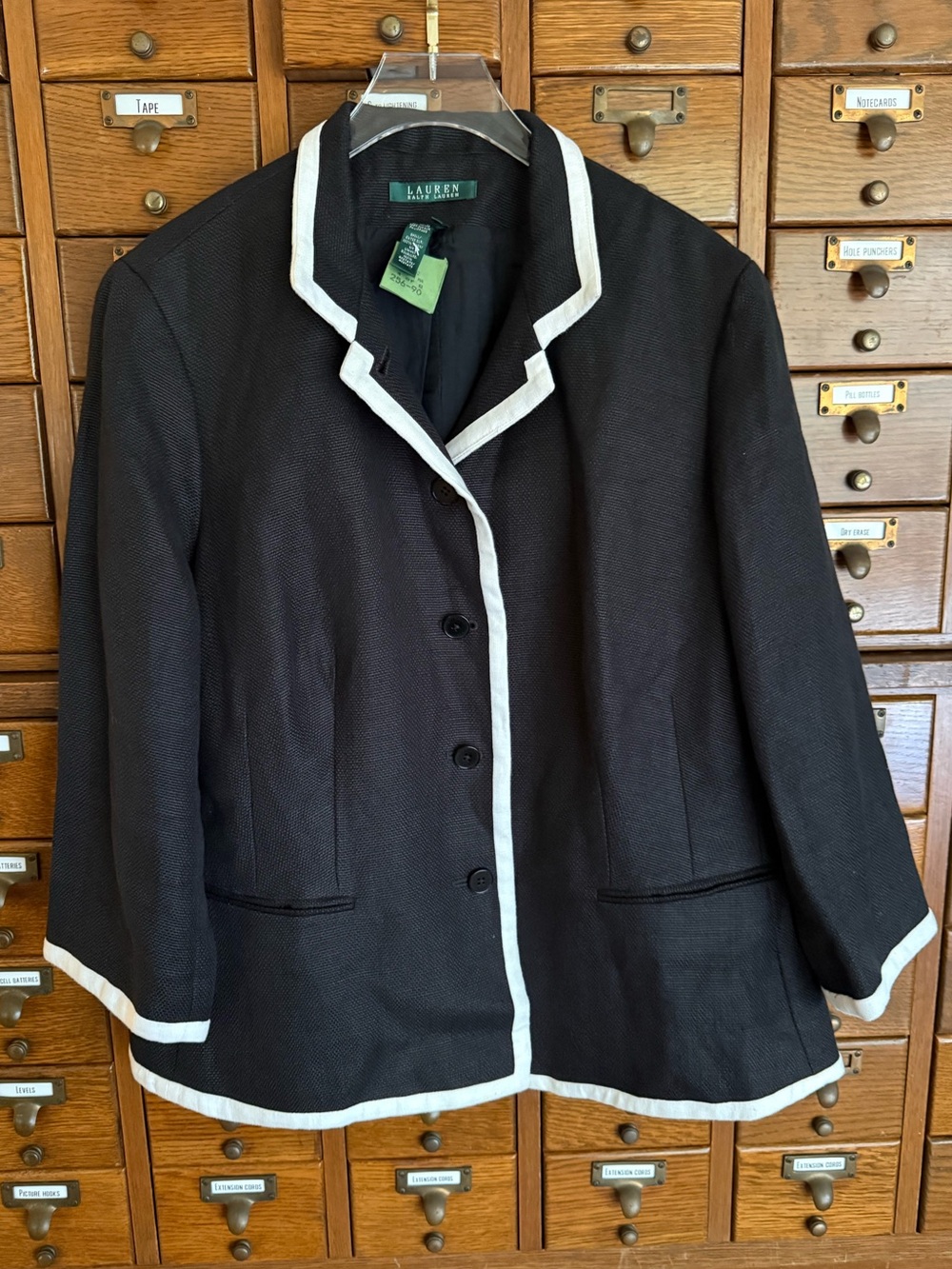 100% Linen Lauren Ralph Lauren Black Blazer Jacket Sport Coat White Trim 14W
